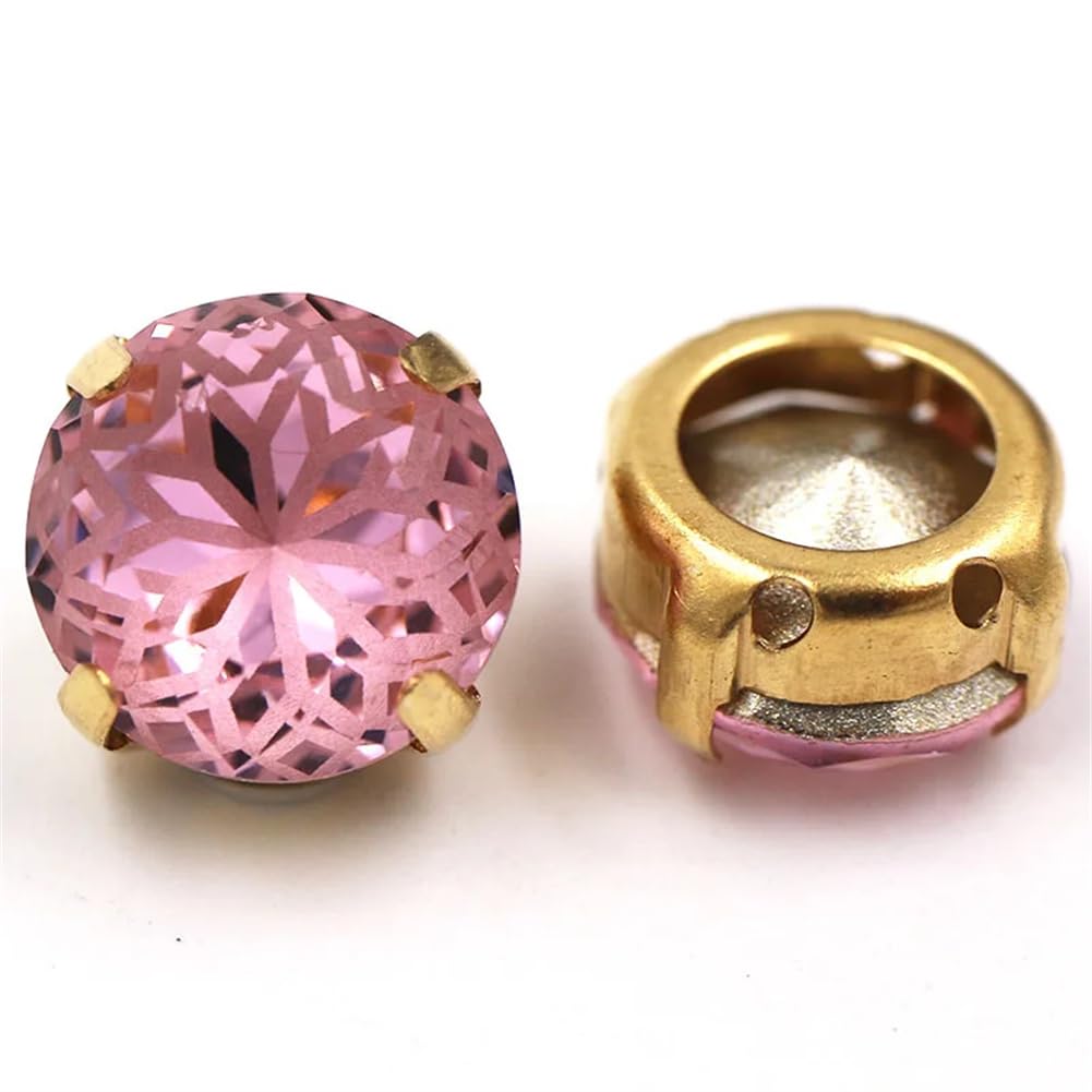 Round Shape Glass Strass Crystal Pointback Rhinestones Gold Claw Setting Sew On Clothing/Dress Pink 14mm#10pcs