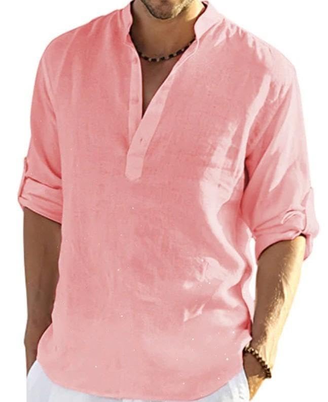 Men's Linen Casual Shirts Long Sleeve Longline Kurta Beach Shirts (in, Alpha, L, Regular, Baby Pink)