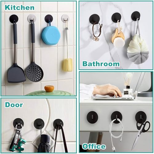 Image of JD Fresh 6 Pcs Self-Adhesive Stainless-Steel Wall Hooks for Hanging /Heavy Duty Waterproof Wall Hangers /Without Drill Sticky Hooks on Hold Coats, Keys, Towels and Kitchen Utensils (J-Hook, Black-Round)