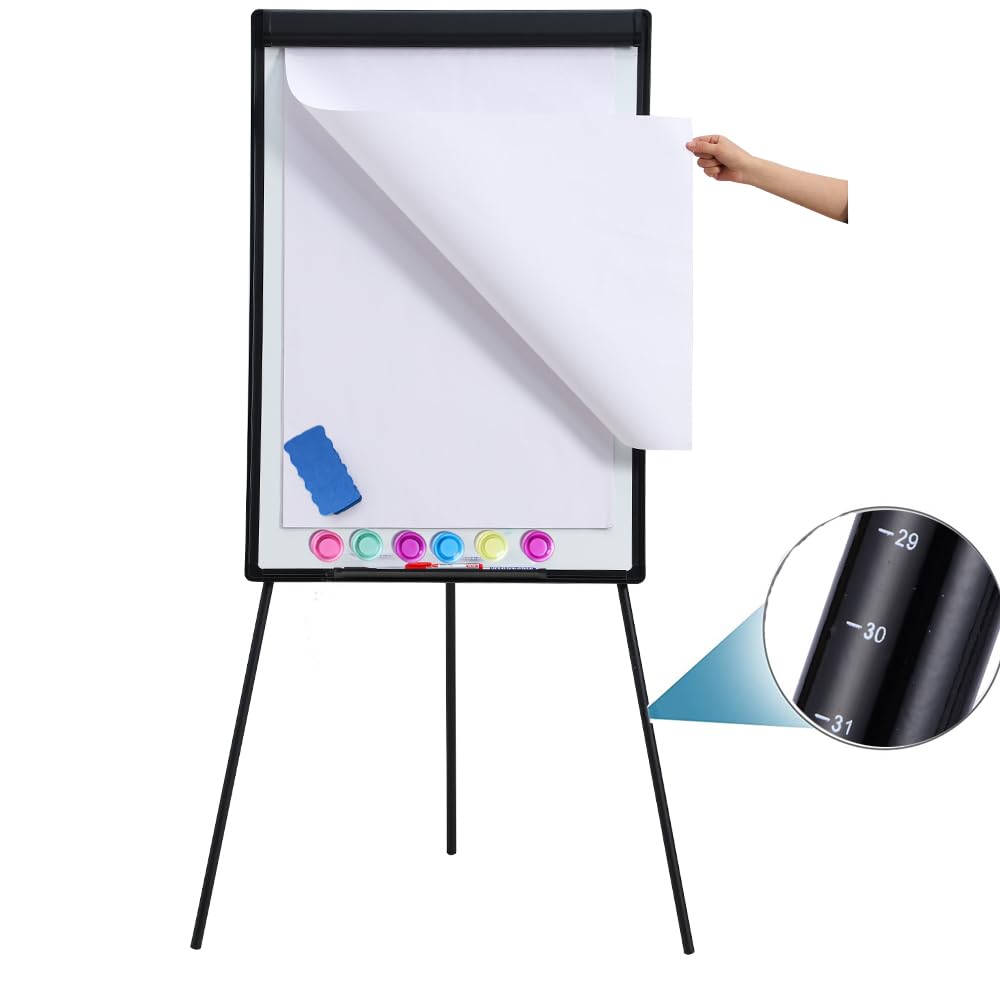 DexBoard 40" x 28" Magnetic Dry Erase Easel Board with Tripod Stand, Height Adjustable Office Presentation Writing Board Easel, Includes 25 Sheets
