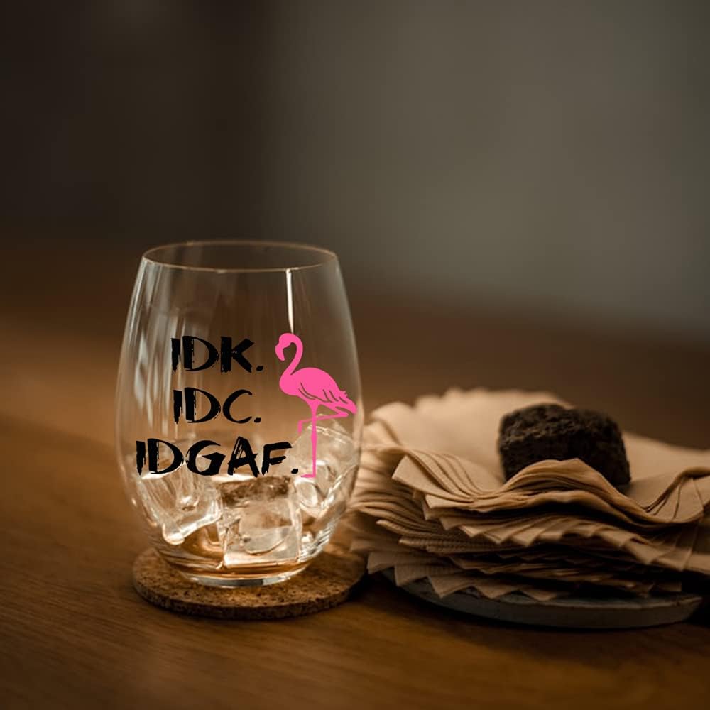 Perfectinsoy IDK IDC IDGAF Wine Glass, Flamingo Wine Glass, Funny Sarcastic Novelty Gift for Women, Sister, Friends, Coworkers, Boss, Employee, Birthday Gifts for Flamingo Lovers Mom, Sister, BFF - Image 7