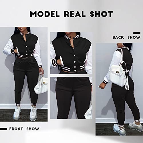 Women's Fashion Varsity Jacket Patchwork 2 Piece Outfit Tracksuit Slim Fit Bomber Jackets Sweatsuit Set #TOP4