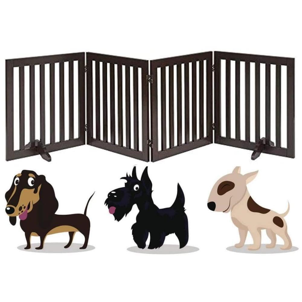Freestanding Pet Gate for Dogs with 2PCS Support Feet, Foldable Wooden Dog Gates for Doorways Stairs, Indoor Pet Puppy Safety Fence, Extra Wide, 61CM High, 203CM Wide (4 Panels,brown)