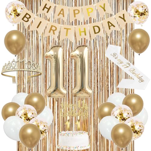 Image of Trgowaul 11th Birthday Decorations for Girls, Banner, Sash and Crown, Cake Topper, 11 Number Balloon, Fringe Curtains, Champagne Gold 11th Birthday Party Supplies