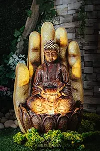 Expleasia Embossed Palm Buddha Water Fountain for Home, Office, Garden | Housewarming Gift| with Maintenance Kit (Brown & Beige) Home Decor Water Fountain, Buddha Water Fountain