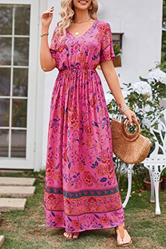 Image of PRETTYGARDEN Women's Casual Summer Boho Floral Print Dress V Neck Short Sleeve High Waist Long Maxi Beach Dresses