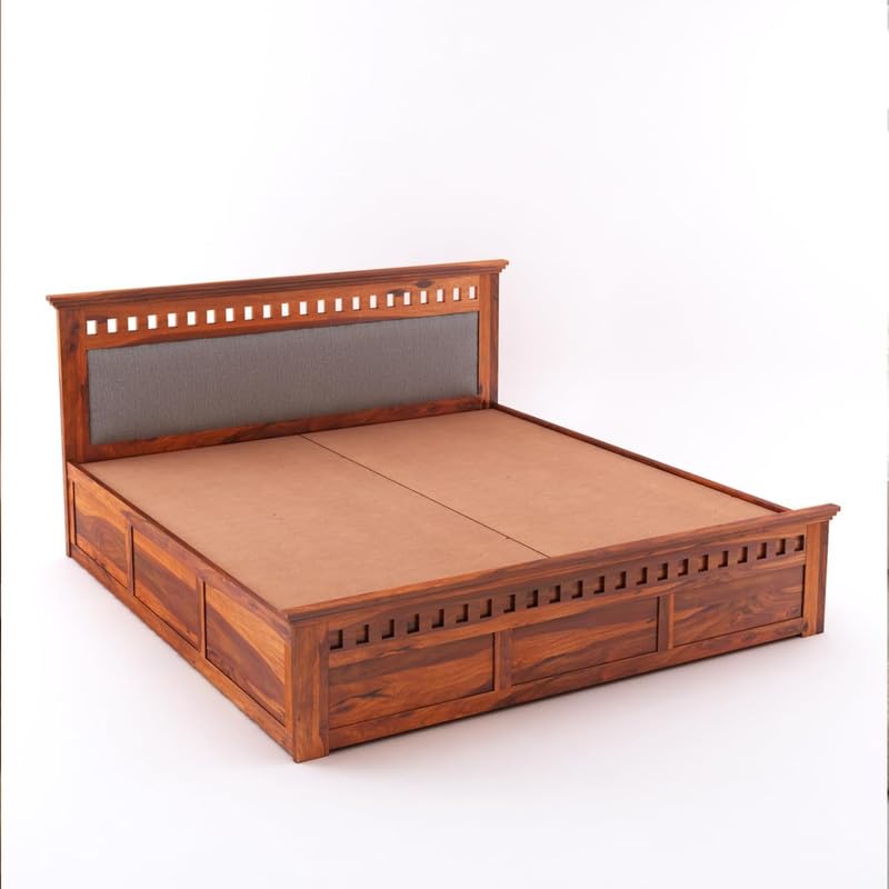 Image of Amazon Brand - Solimo Solid Sheesham Wood Kuber King Size Upholstered Bed with Box Storage + 2 Bedside | Wooden King Size Cot Bed | Double Bed with 2 Bedside Furniture for Bedroom (Honey Finish)