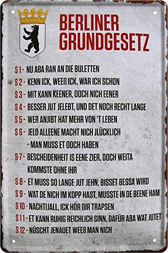 Cartel de chapa con texto en alemán "Berlín GrUNDGESETZ", decoración Berlínico Berlín, humor, cartel de metal, cartel divertido regalo para cumpleaños o Navidad 20 x 30 cm