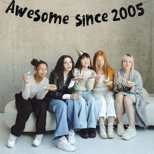 Image of Awesome Since 2005 Banner, Pre-Strung Glitter Black 20th Birthday Banner, Funny 20th Birthday Decorations for Men Women 20 Years Old, Vintage Happy 20th Birthday Party Anniversary Supplies Gifts Ideas