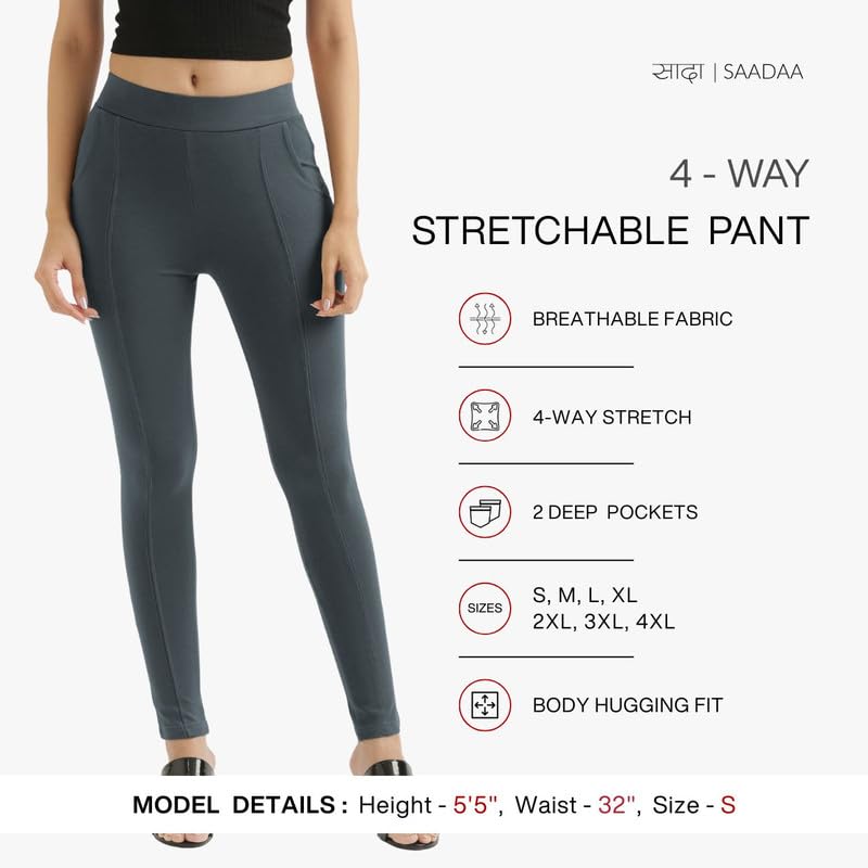 Image of SAADAA Women's Regular Fit High Rise 4-Way Stretchable Pants Yoga, Formal, and Regular Skinny High Waist Leggings 2 Deep Pockets Elastic Waistband Durable Interlock Stitching