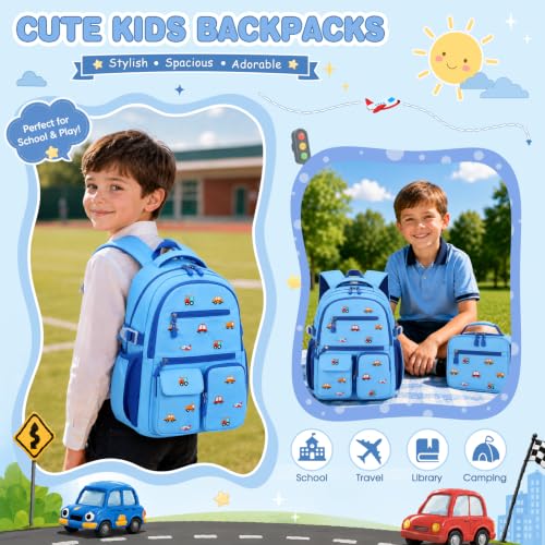 Image of DIGOBAY Backpack for Boys 6-8, 3PCS Embroidery Toddler Boys Backpack with Lunch Bag Pencil Case, 15.7 inch Kids School Bookbag for Preschool Kindergarten Elementary Daycare Backpacks, Blue Car