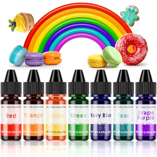 Gel Food Coloring Rainbow Edible Food Dye Set for Baking Royal Icing Cookie Supplies Gluten Free 7x6g Food Grade Liquid Food Color Kit, 0.25 Fl. Oz/Bottles