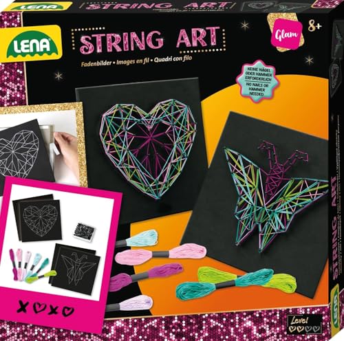 Lena 42650 String Art Kinder Bastelset Schmetterling & Herz - Für Kinder ab 8 Jahren, Kreativset mit Vorlagen für Fadenbilder, Moosgummi-Boards, Stecknadeln & Garne