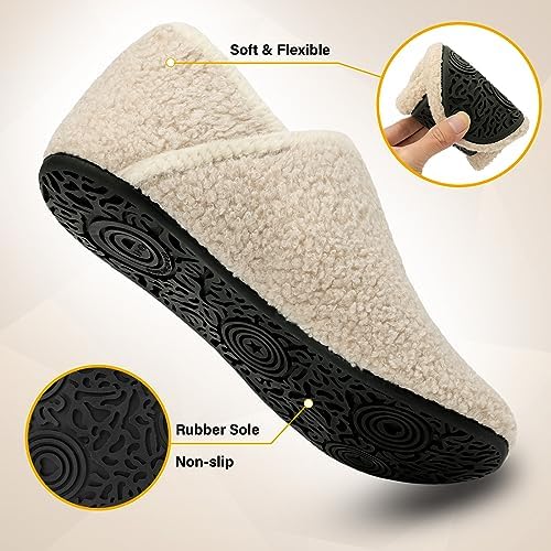 Scurtain Unisex Adults Rubber Sole Slippers Soft and Comfortable Velvet Lining Lightweight House Slippers House Shoes for Women Non-Slip Cozy Sock Shoes Travel Slippers Beige 6-7 W | Image 3