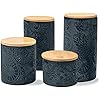 American Atelier Embossed Canister 4-Piece Ceramic Set Jar Container with Wooden Lids for Cookies, Candy, Coffee, Flour, Sugar, Rice, Pasta, Cereal & More