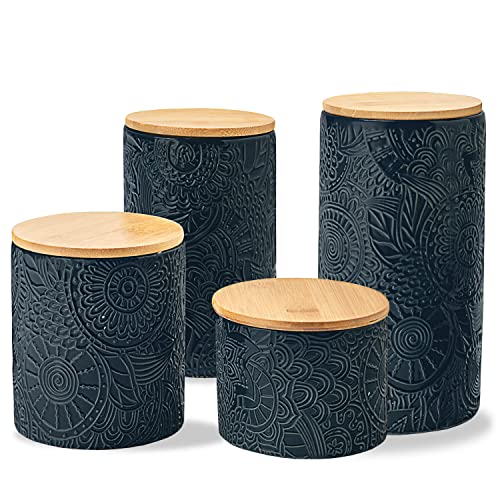 American Atelier Embossed Canister 4-Piece Ceramic Set Jar Container with Wooden Lids for Cookies, Candy, Coffee, Flour, Sugar, Rice, Pasta, Cereal & More by American Atelier - Used condition - US$26.29