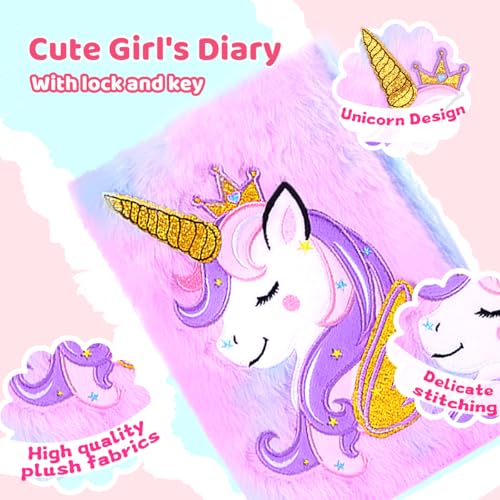 Image of Unicorn Diary with Lock for Girls,Cute Plush Journal Notebook Set for Kid with Stickers,Fluffy Secret Notebook for Writing and Drawing Gifts for Girls ages 6-8