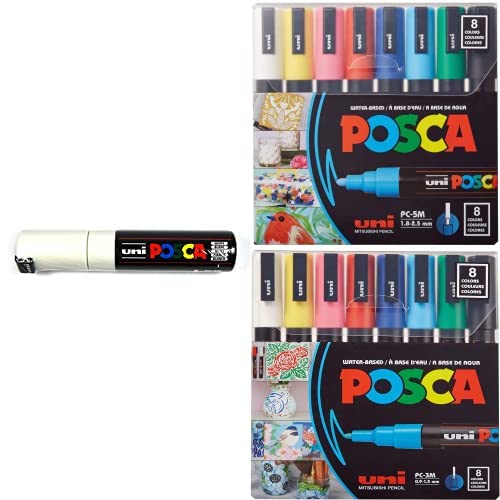 Posca Full Set of 8 Medium & Fine Point Pens + White Acrylic Paint Pen with Broad Bullet Point Tip for Rock, Fabric, Glass, Metal, Graffiti