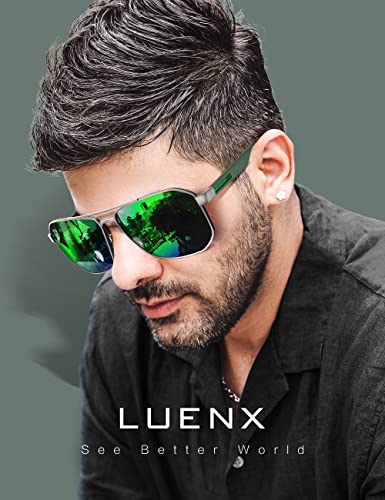 Luenx Aviator Sunglasses For Men Square Polarized Polygon Lens - Uv 400 Protection With Accessories(Mirror Green Lens) #TOP1