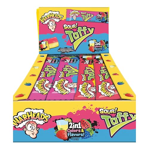 WARHEADS Sour Taffy 2-in-1 Chewy Bars - Candy Variety Pack - Assorted Flavors, Individually Wrapped Chewy Bars - Bulk Taffy - Gluten Free Candy - Box of 24