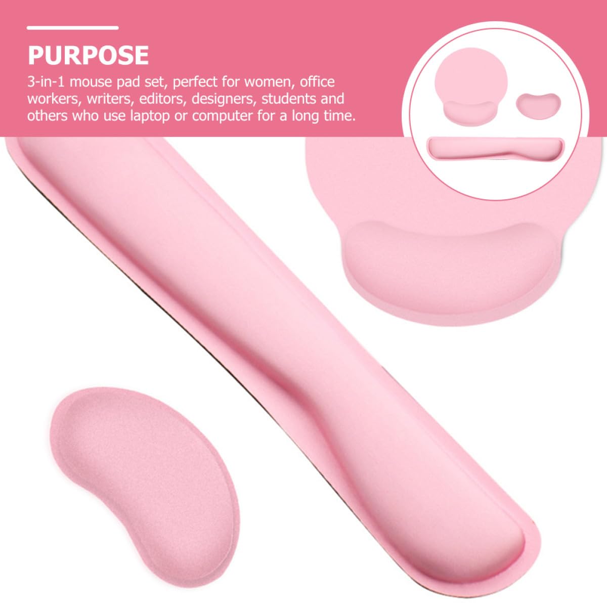 Mauspad 3-in-1 Satz mit Memory Schaum und Gummi, Rosa | Ergonomische Bogenform, Rutschfeste Unterseite, Präzise Positionierung für Laptop, Lernen und Lange Nutzung