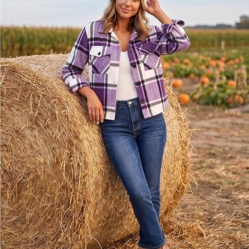 Elneeya Womens Plaid Jacket Cropped Casual Button Up Collared Fall Coat - image 3