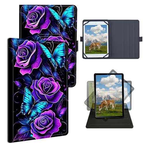 Dikoer Universal Case for LG G Pad F 8.0'/7.0' LK430/G Pad F2 X2 Pad X 8.0, Adjustable Silicon Band Shockproof TPU Protective PU Leather Cover for 7-9 Inch, Purple Rose Blue Butterfly