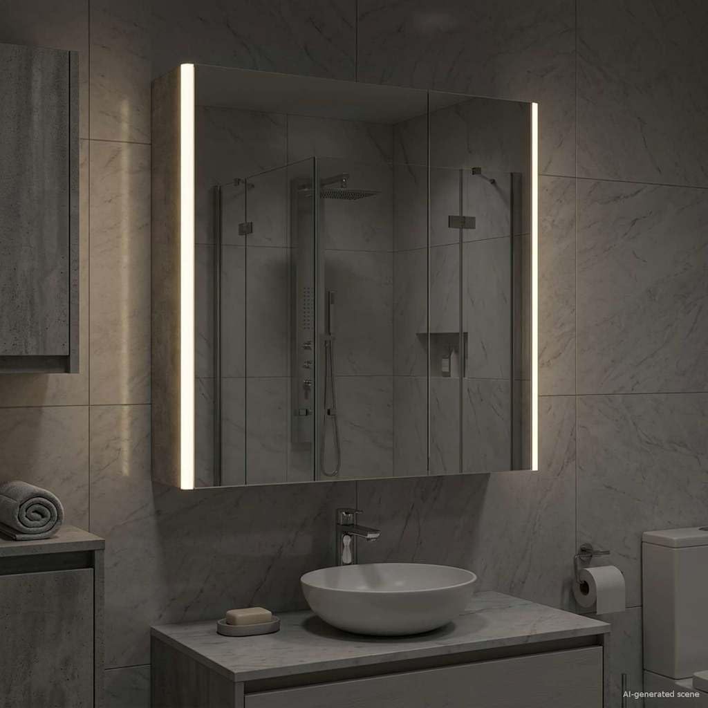 Szafka łazienkowa z lustrem betonowym, szara, 63,5 x 15,5 x 70 cm, materiał drewnopochodny z oświetleniem LED, montaż na ścianie, regulowane regały, miejsce do przechowywania, nowoczesne