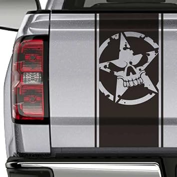 SkunkMonkey - Truck Tailgate Decal - Army Star Skull Universal Fit - Black Sticker