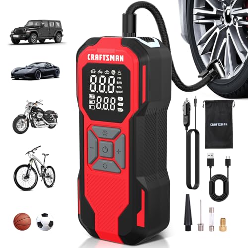 Craftsman Tire Inflator Portable Air Compressor - 20V Cordless Air Pump for Car Tires, 150PSI Upgrade High-Capacity Battery, Auto Shutoff Portable Tire Inflator for Car, LED Gauge & 12V DC Corded