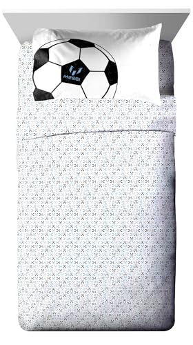 Image of Messi Twin Comforter Set 5 Piece Kids Sports Bedding for Boys, White | Bed in a Bag, Comforter Sheets Sham Pillowcase, Official Brand, Soft Microfiber, Machine Washable, Easy Care, Boys Gift
