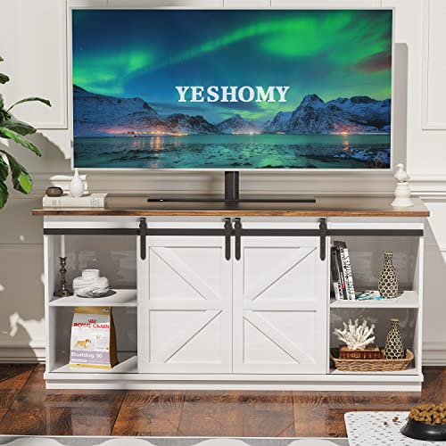 YESHOMY Farmhouse TV Stand for Televisions up to 65+ Inch with Sliding Barn Doors and Storage
