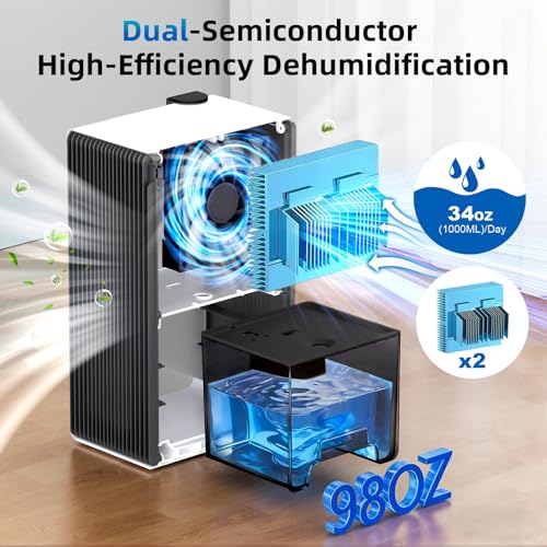 Image of Dehumidifier with Drain Hose(98 oz & 1000 Sq.Ft), Auto Shut Off, Relaxing 7 Color Ambient Light & Sleep Mode, Quiet Small Dehumidifier for Bedroom, Bathroom, Basement, Living Room(WhiteGrey)