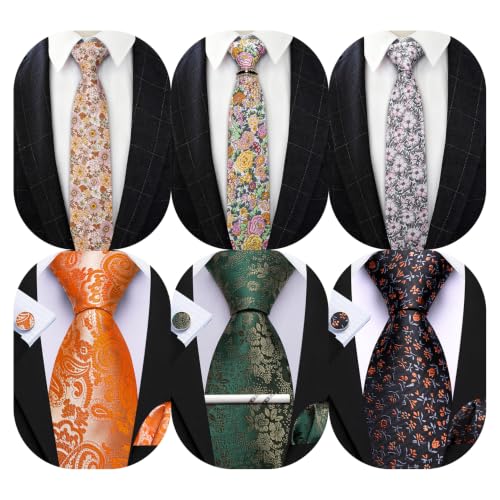 Image of Barry.Wang Men 6PCS Tie Silk Gift Necktie Clip Woven Tie Sets Party | Men Tie Classic Silk Gift Necktie With Tie Clip Jacquard Woven Neck Ties 6PCS Formal Wedding