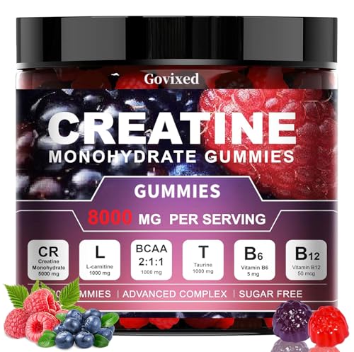 Gomitas de Creatina Monohidrato, 8000mg por Porción, Sin Azúcar, 120 Unidades, con BCAA, L-Carnitina, Taurina, B6, B12, Sabor Frambuesa y Arándanos
