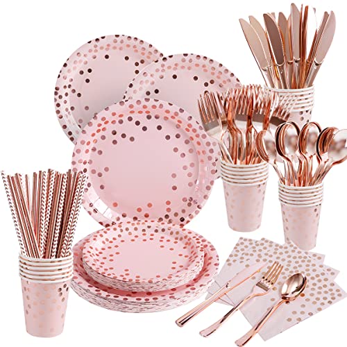 200 Pieces Pink and Rose Gold Party Supplies Rose Gold Dot Paper Plates Napkins Straws and Cups Silverwares Serves 25 for