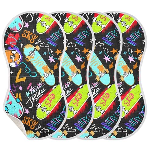 xigua Colorful Skateboards Muslin Baby Burp Cloths Set of 4, Super Soft & Absorbent Burping Rags, Cotton Burp Clothes Shower Gift for Newborn, Baby Girls and Boys3