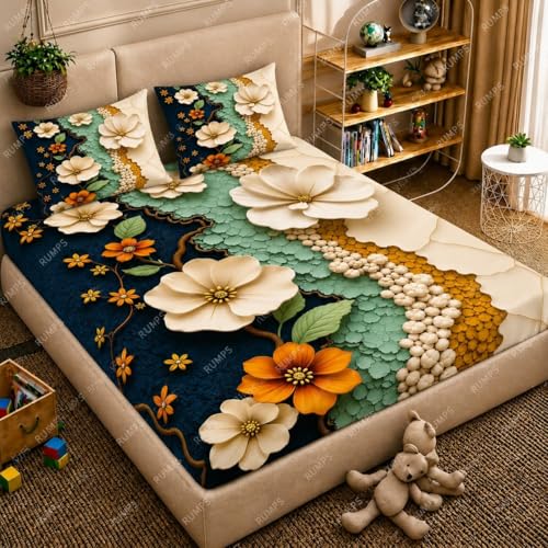 Image of RUMPS 7D Digital Floral Bedsheet with 2 Pillow Covers, King Size Flat Bedsheet 90x100 Inch, Designer Flower Printed Bedsheet