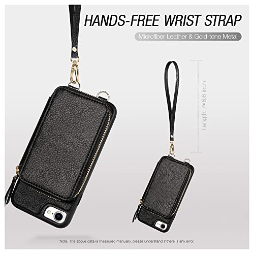 Zve Case For Iphone Se 2022 5G For Apple Iphone 7, 4.7 Inch, Leather Wallet Case With Credit Card Holder Slot Zipper Wallet Pocket Purse Handbag Wrist Strap Protective Cover For Iphone 8/7/Se- Black #TOP1