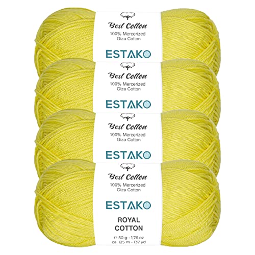 Image of Estako Royal Cotton, (4 Skeins Pack) 100% Mercerized Giza Cotton Yarn, Soft, Super Fino for Crochet and Knitting (4 x 1.76 Oz) / (4 x 137 Yrds) (5083 - Yellow)