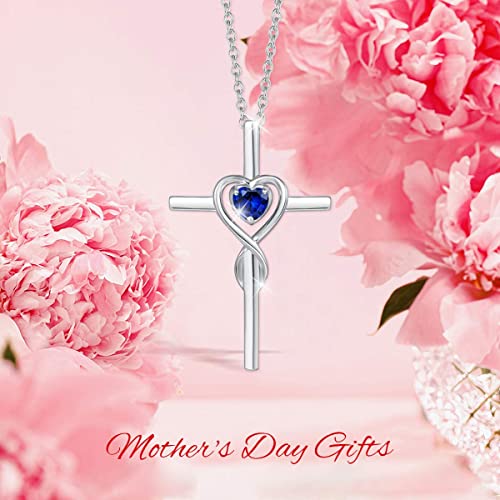 Fancime Cross Necklace For Women Sterling Silver Birthstone Created Blue Sapphire Infinity Heart Cross Crucifix Pendant September Birthstone Jewelry Birthday Gifts For Women #TOP7