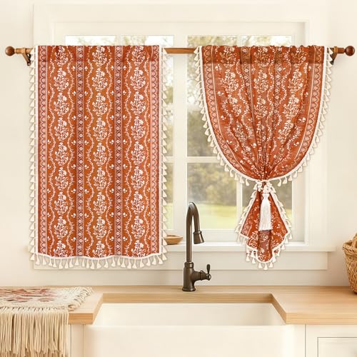 Image of Yinhua Boho Kitchen Curtains 36 Inch Length Vintage Linen Cafe Curtains Light Filtering Bohemian Floral Tier Rod Pocket Farmhouse Rustic Tassel Small Drapes with Tiebacks, 2 Panels, Orange
