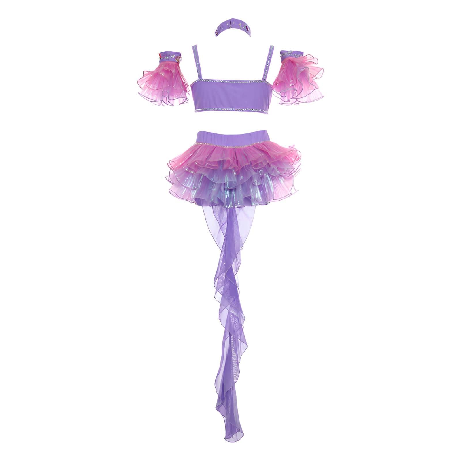Costume da Danza Lirica Donna Due Pezzi con Balze per Competizione | Completo da Danza Classica, Spandex Elasticizzato con Gonna in Tulle a Balze e Maniche Rimovibili, Strass per Palco