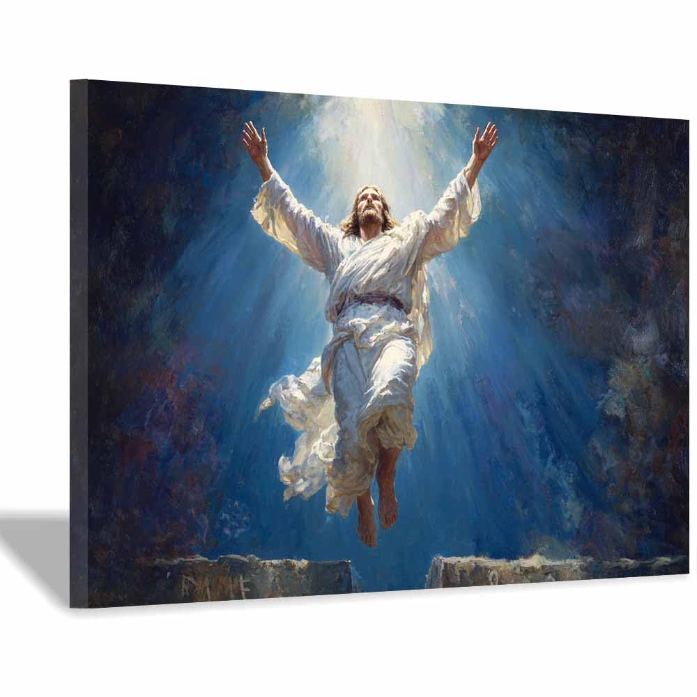 ZAMAEIU Jesus Christ Classic Painting Style Risings in thes Light Religious Figure Wall Art Print,Room Decor for living room, bedroom, church, hospital(blue)-50x70cm Framed