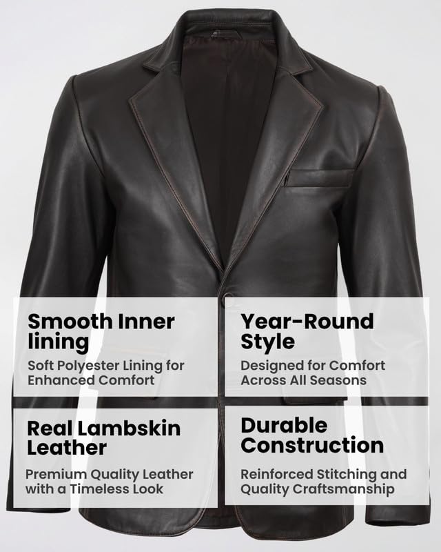 Image of Blingsoul Mens Leather Blazer Jacket - Real Lambskin Sport Coat with Notch Lapel Collar