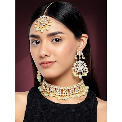 Image of Aheli Elegant Indian Faux Kundan Studded Choker Necklace with Maang Tikka Set Ethnic Wedding Wear Bharatanatyam jewellery set Gift for Women