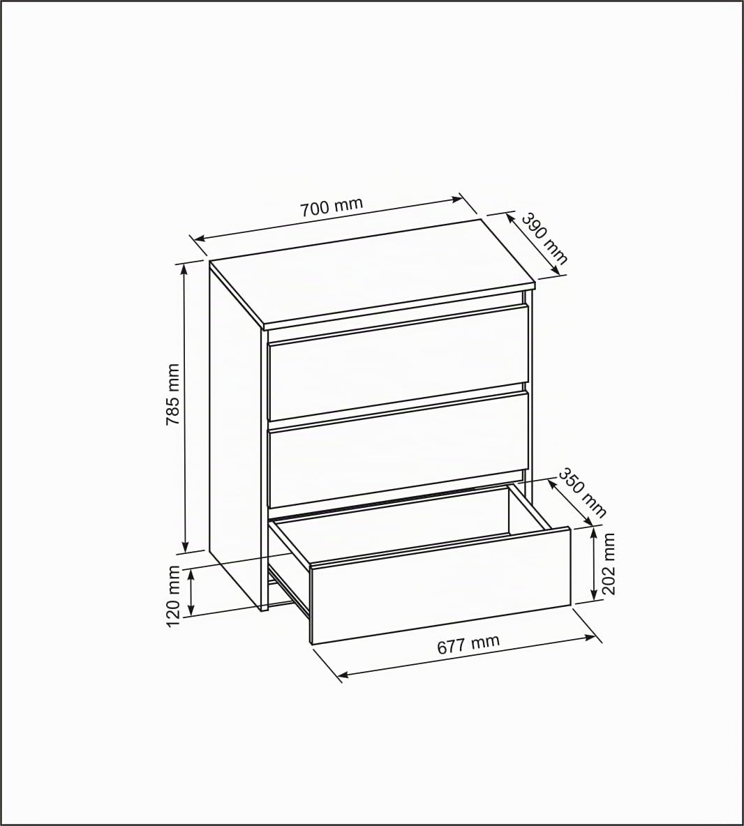 meble masztalerz Cassettiera 70 cm, 3 Cassetti, Nero