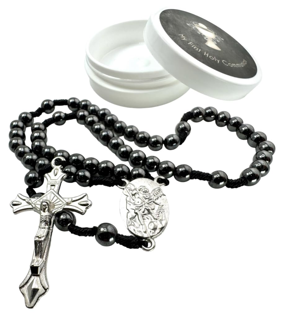 Westmon Works First Holy Communion Rosary Hematite Bead Catholic Deluxe Set with Case