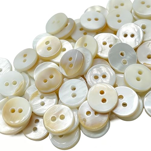 Lot de 80 Boutons Ronds en Nacre Naturelle 10mm, Blanc Huileux à 2 Trous, pour Couture, Chemise,...