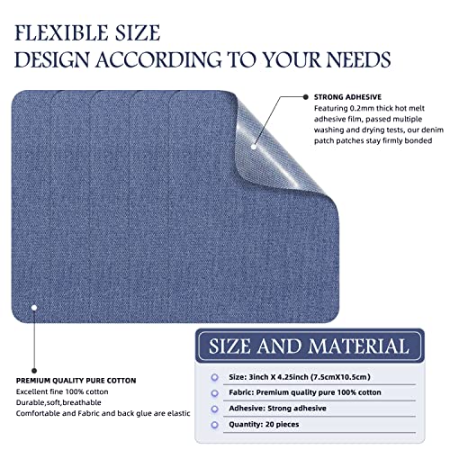 KING MOUNTAIN Iron-on Repair Patch 20 Pcs Pack,Denim Patches for Jeans Kit 3" by 4-1/4",100% Cotton Denim Iron-on Repair Patch,Jeans and Clothing Repair and Decoration Kit (Sky Blue) - Thumbnail 2